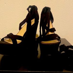 Black Cloth Lace Up Wedges